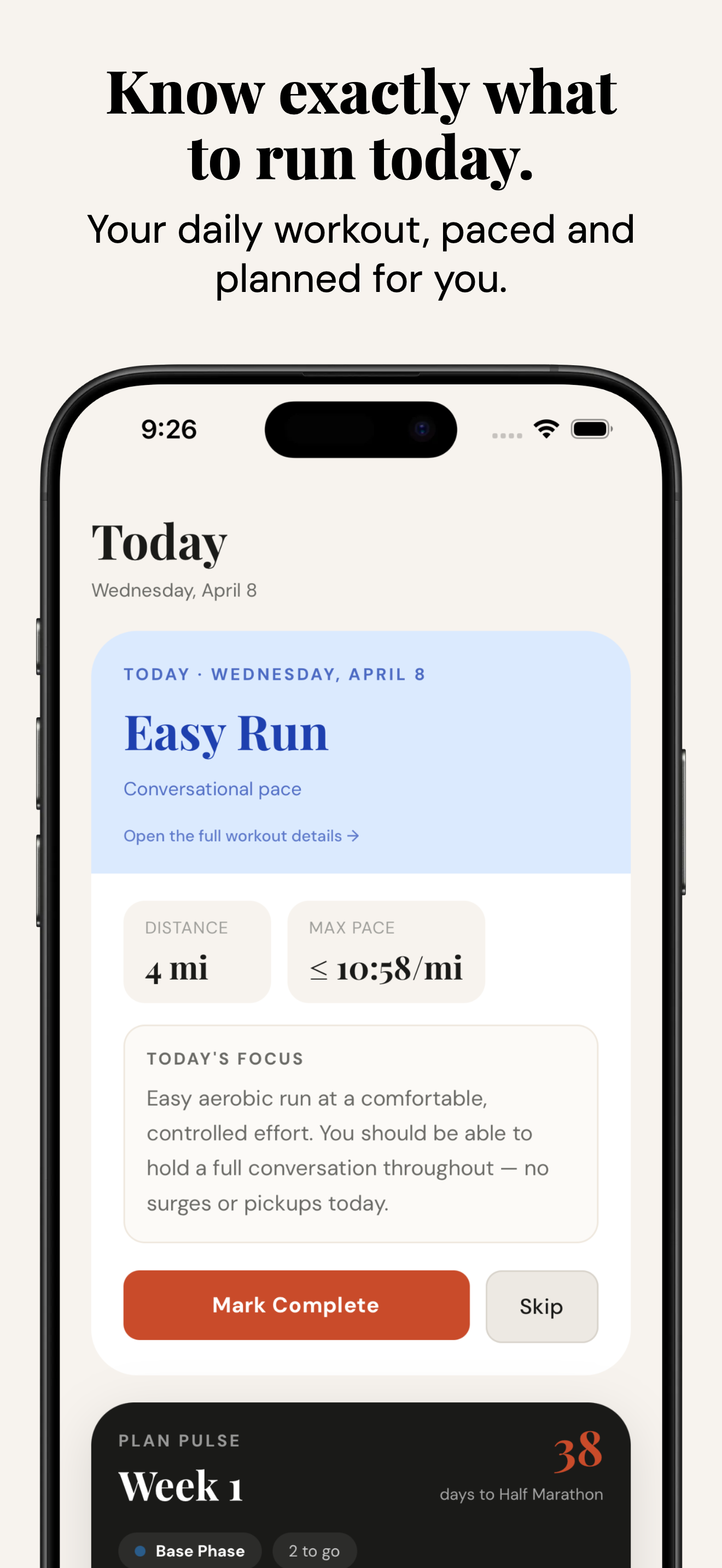 Know exactly what to run today — Paceon daily workout view